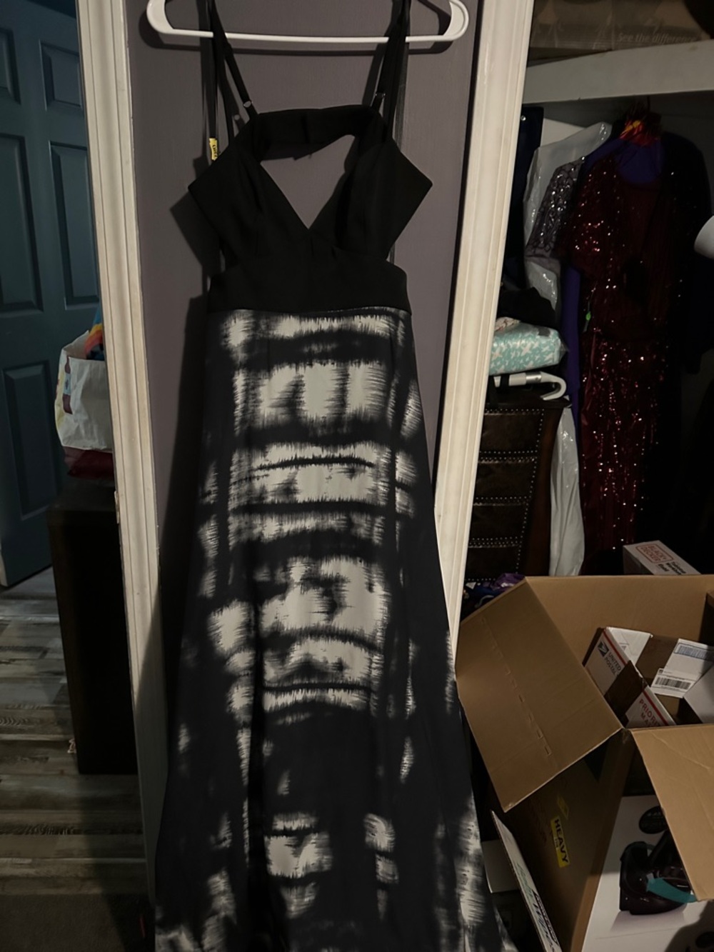 BCBGMaxAzria Black and White Strapless Tie-Dye Maxi Gown